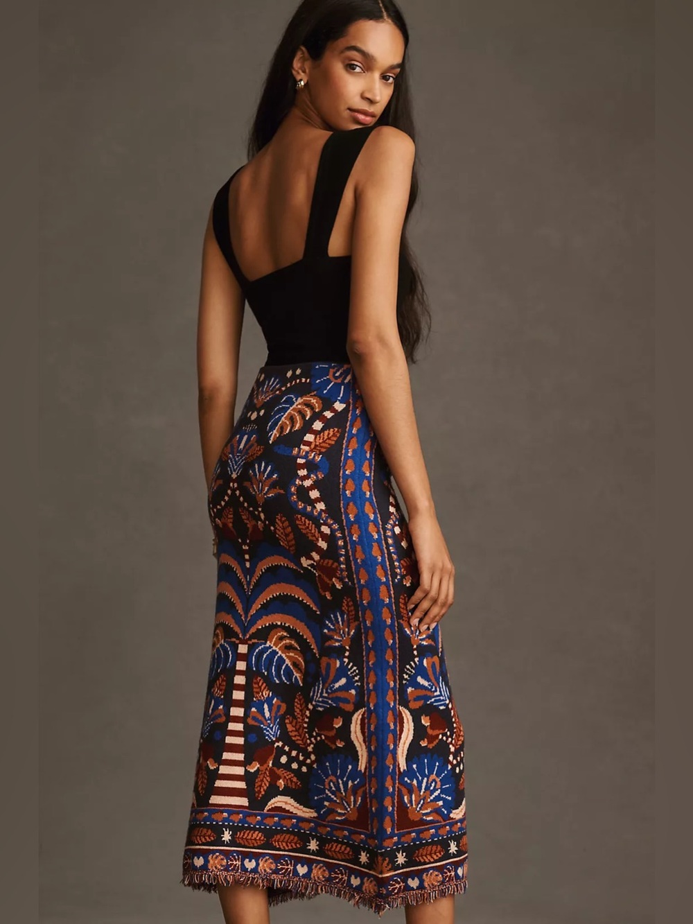 NWT Farm Rio Nature Beauty Blue Scarf Knit Midi Skirt